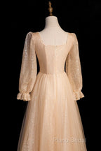 Champagne Short Sleeves Beaded Long Party Dresses, A-Line Tulle Formal Prom Dresses