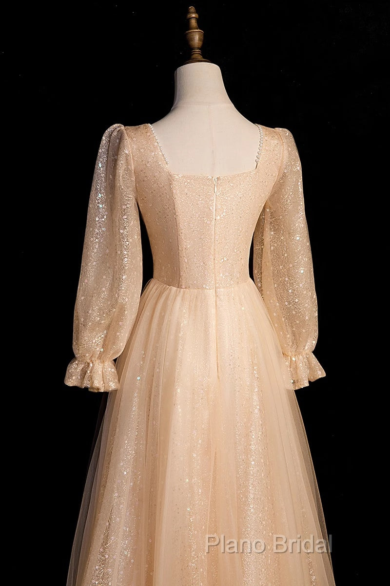 Champagne Short Sleeves Beaded Long Party Dresses, A-Line Tulle Formal Prom Dresses