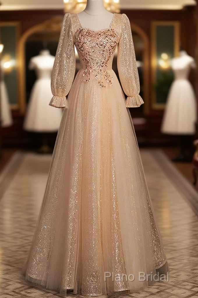 Champagne Short Sleeves Beaded Long Party Dresses, A-Line Tulle Formal Prom Dresses Main image