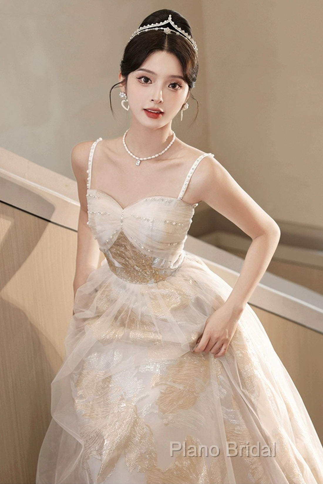 Champagne Spaghetti Strap Tulle Formal Dresses, A-Line Sweetheart Neck Formal Party Dresses