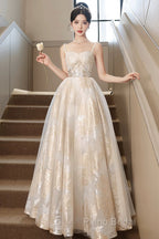 Champagne Spaghetti Strap Tulle Formal Dresses, A-Line Sweetheart Neck Formal Party Dresses