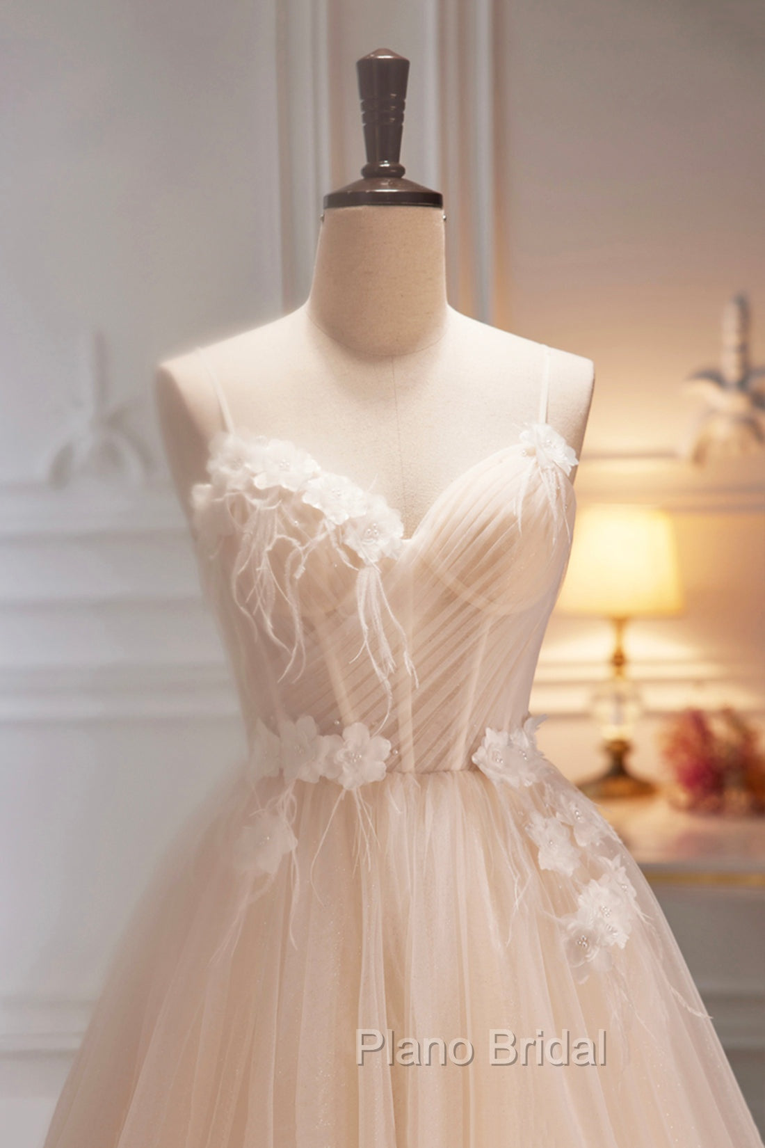 Champagne Spaghetti Strap Tulle Formal Dresses with Feathers, Cute A-Line Evening Dresses