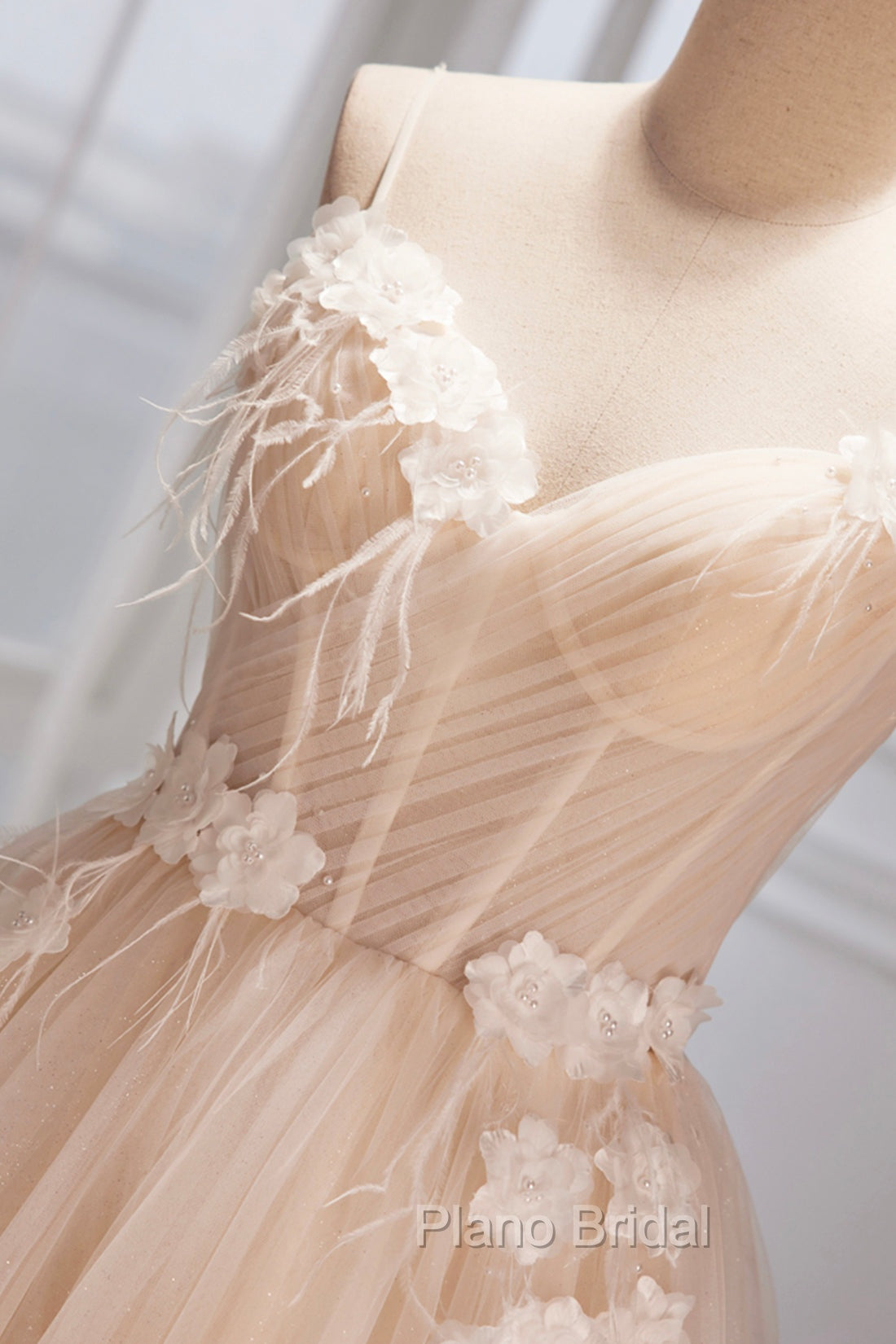 Champagne Spaghetti Strap Tulle Formal Dresses with Feathers, Cute A-Line Evening Dresses