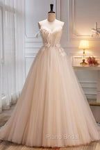 Champagne Spaghetti Strap Tulle Formal Dresses with Feathers, Cute A-Line Evening Dresses