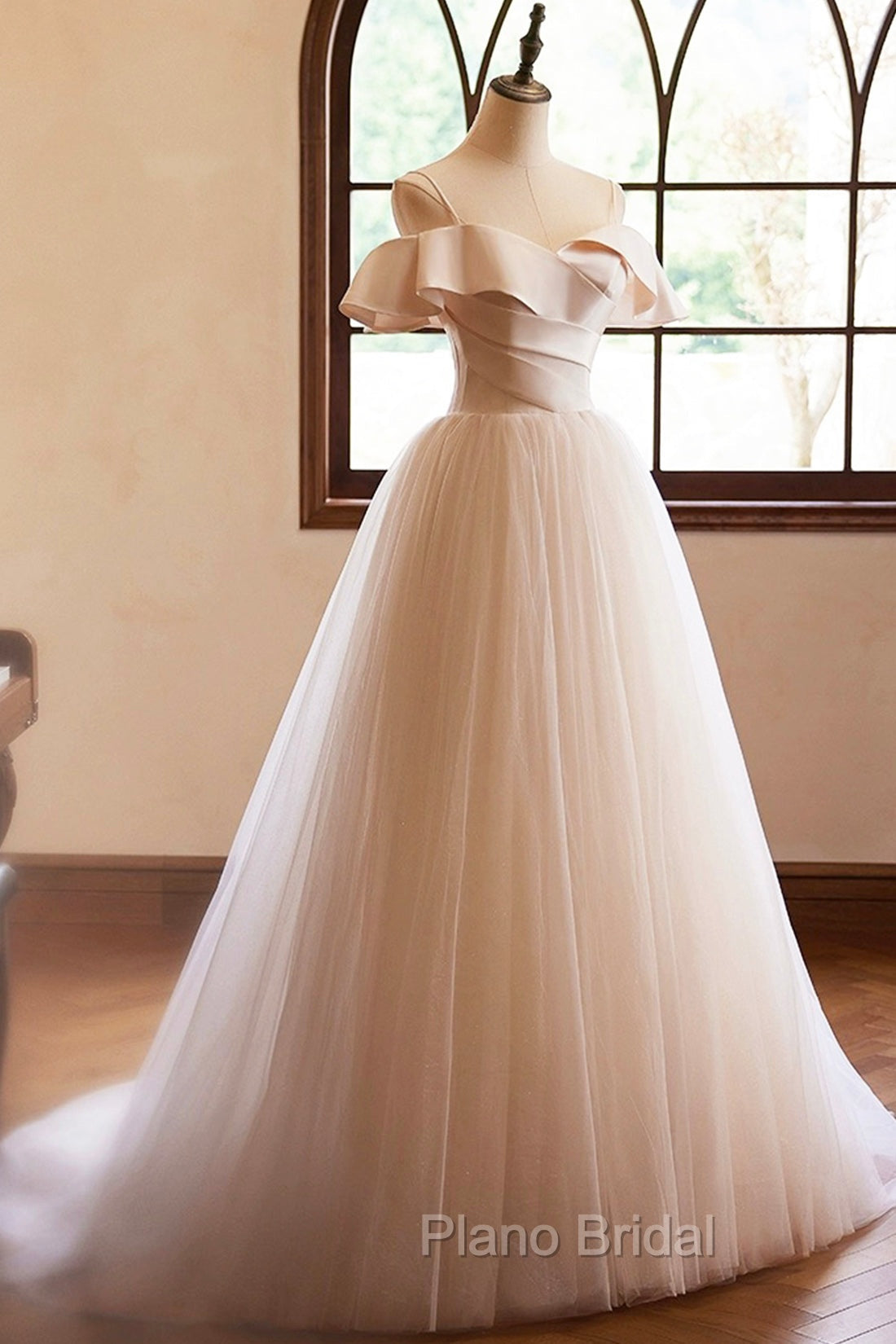 Champagne Spaghetti Straps Floor Length Formal Prom Dresses, A-Line Sleeveless Backless Evening Party Dresses Secondary image