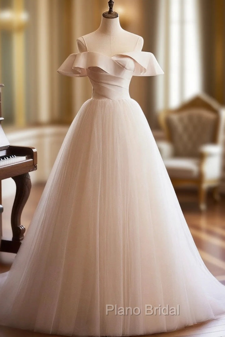 Champagne Spaghetti Straps Floor Length Formal Prom Dresses, A-Line Sleeveless Backless Evening Party Dresses Main image