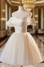 Champagne Spaghetti Straps Knee Length Formal Prom Dresses, A-Line Sleeveless Backless Party Dresses