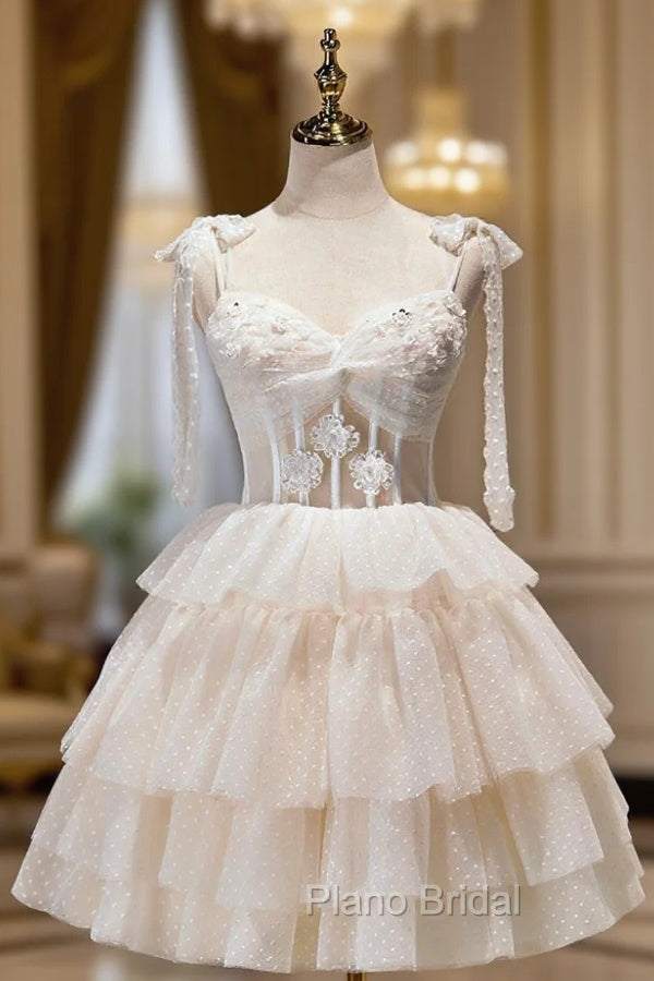 Champagne Spaghetti Straps Lace Party Dresses, A-Line Short Homecoming Dresses