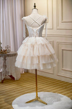 Champagne Spaghetti Straps Lace Party Dresses, A-Line Short Homecoming Dresses