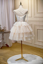 Champagne Spaghetti Straps Lace Party Dresses, A-Line Short Homecoming Dresses