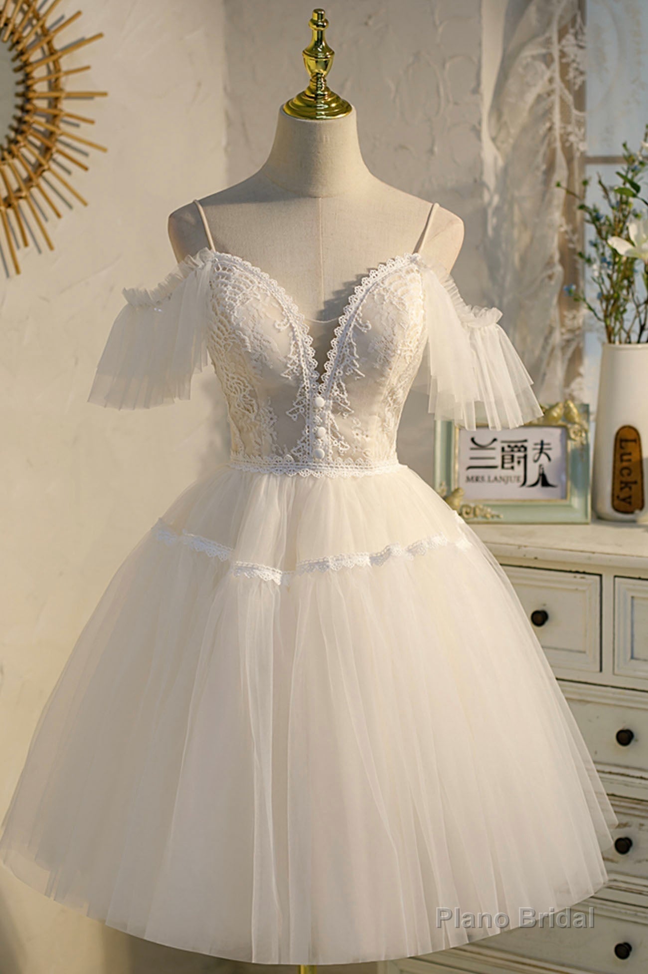 Champagne Spaghetti Straps Lace Short Prom Dress,  A-Line Party Dress Main image