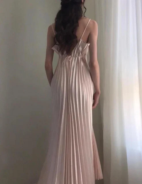 Champagne Spaghetti Straps Long Formal Prom Dresses Pleated Formal Evening Dresses