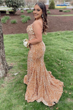 Champagne Spaghetti Straps Sequins Mermaid Prom Dress