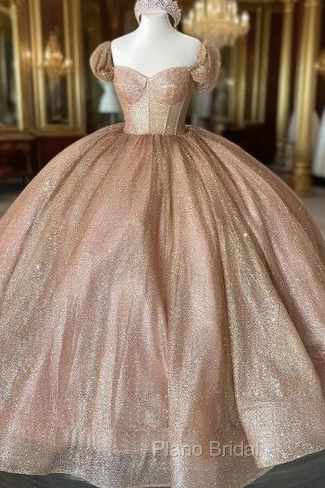 Champagne Sparkle Ball Gown Off-the-Shoulder Short Sleeves Quinceanera Dresses