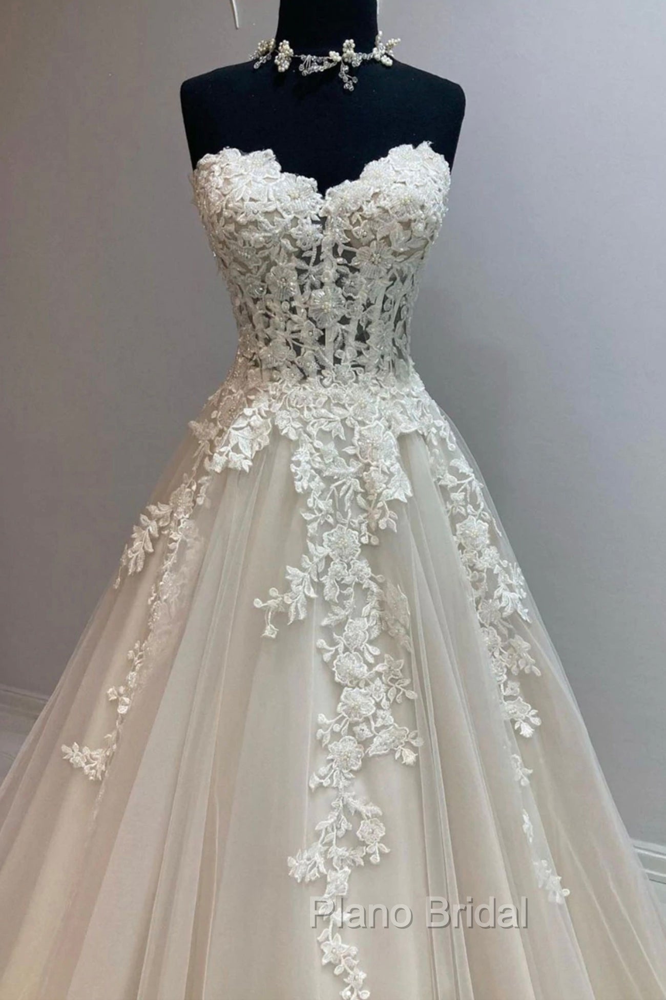 Champagne Strapless Lace Long Formal Prom Dresses, A-Line Formal Evening Dresses Secondary image