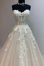 Champagne Strapless Lace Long Formal Prom Dresses, A-Line Formal Evening Dresses