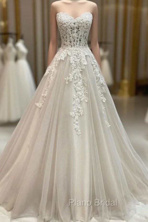 Champagne Strapless Lace Long Formal Prom Dresses, A-Line Formal Evening Dresses Main image