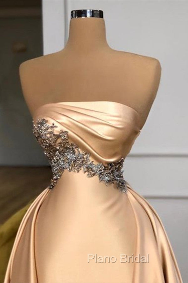 Champagne Strapless Overskirt Formal Prom Dresses Long With Crystals