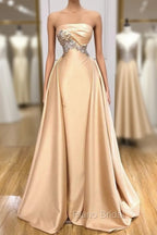 Champagne Strapless Overskirt Formal Prom Dresses Long With Crystals