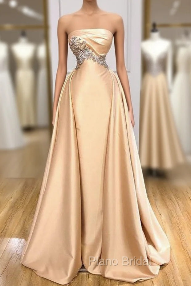 Champagne Strapless Overskirt Formal Prom Dresses Long With Crystals