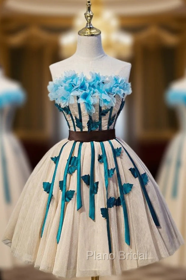 Champagne Strapless Tulle Flower Homecoming Dresses Main image