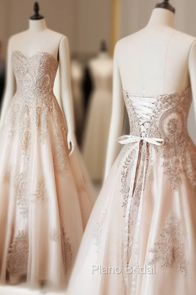 Champagne Sweetheart Lace Applique Long Formal Prom Dresses, Champagne Evening Dresses