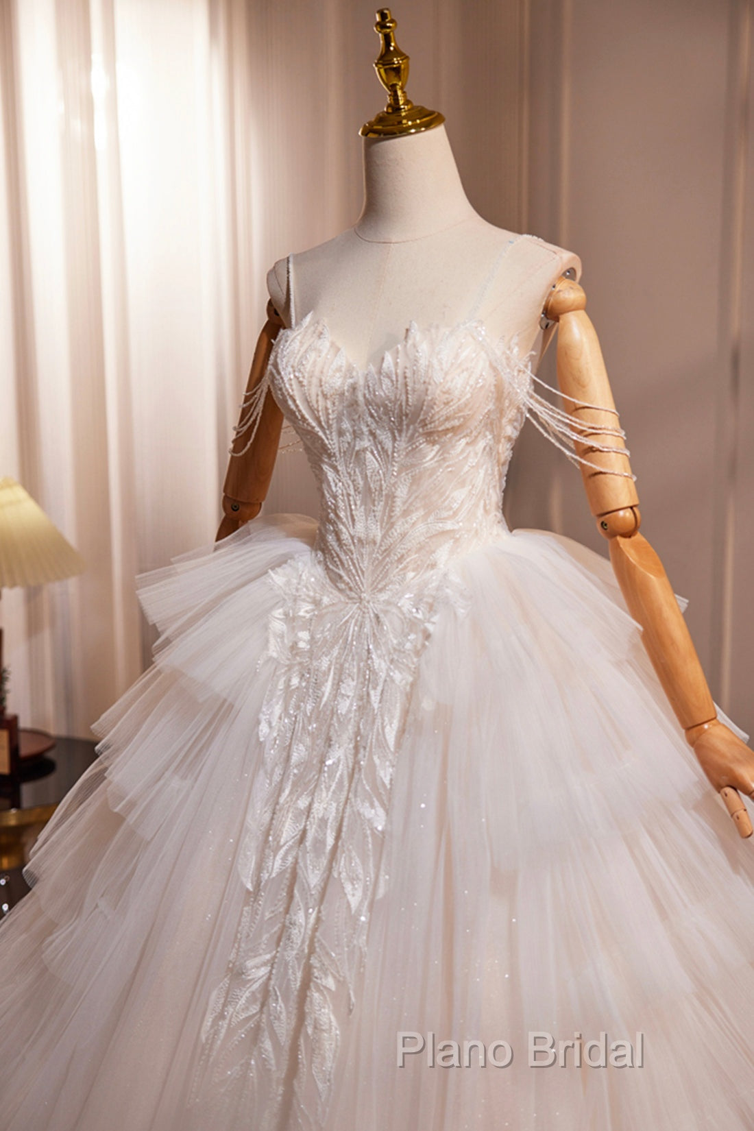 Champagne Sweetheart Layers Princess Dresses, Beautiful Spaghetti Straps Tulle Formal Gown
