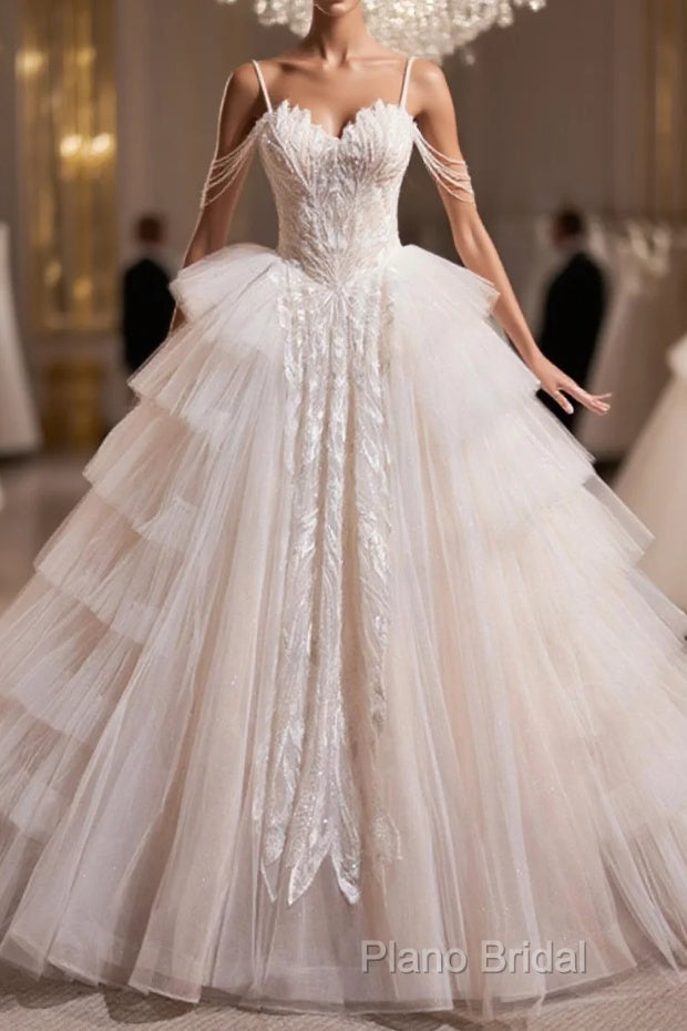 Champagne Sweetheart Layers Princess Dresses, Beautiful Spaghetti Straps Tulle Formal Gown Main image