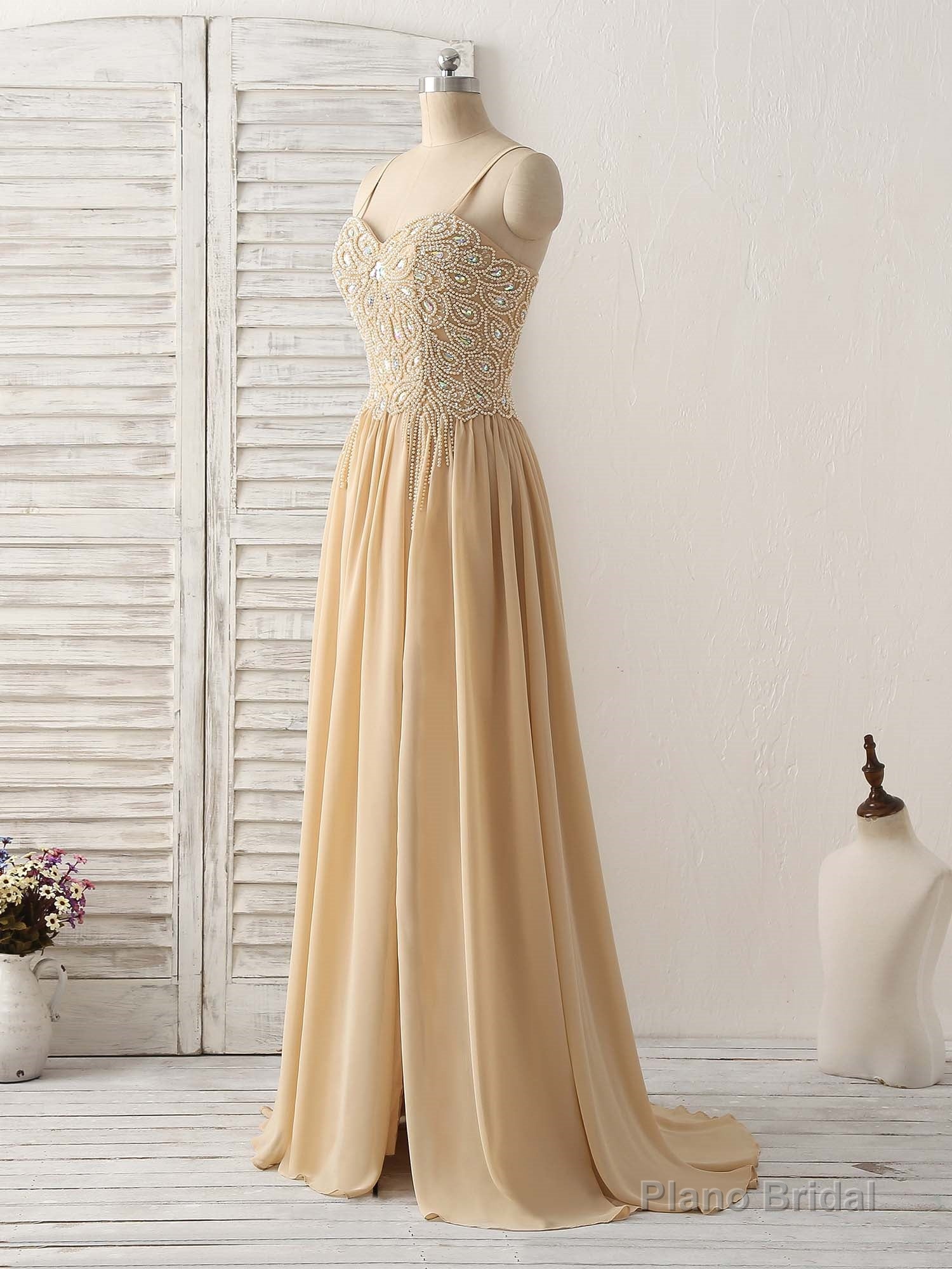 Champagne Sweetheart Neck Beads Long Prom Dress Evening Dress Main image