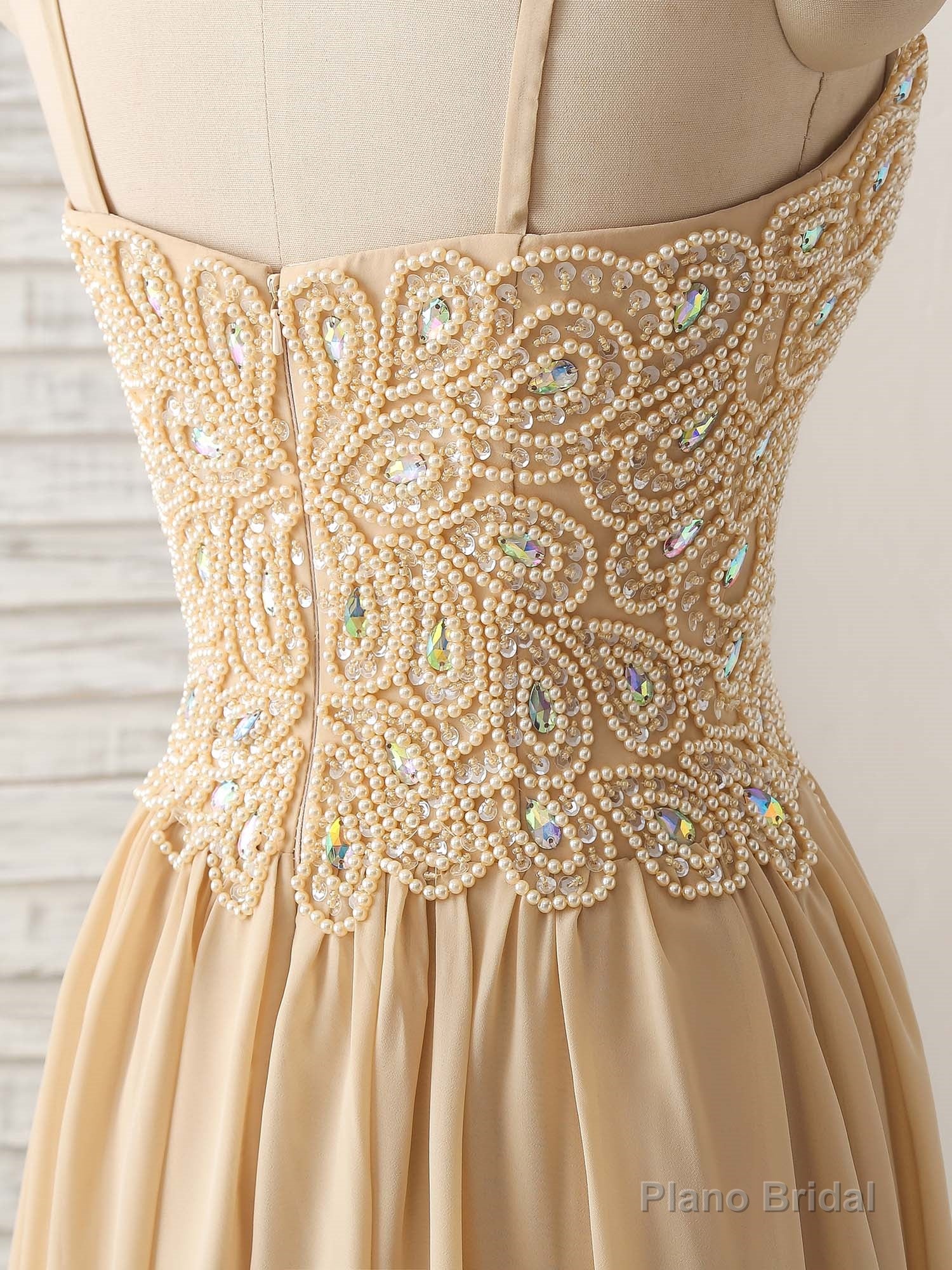 Champagne Sweetheart Neck Beads Long Prom Dress Evening Dress