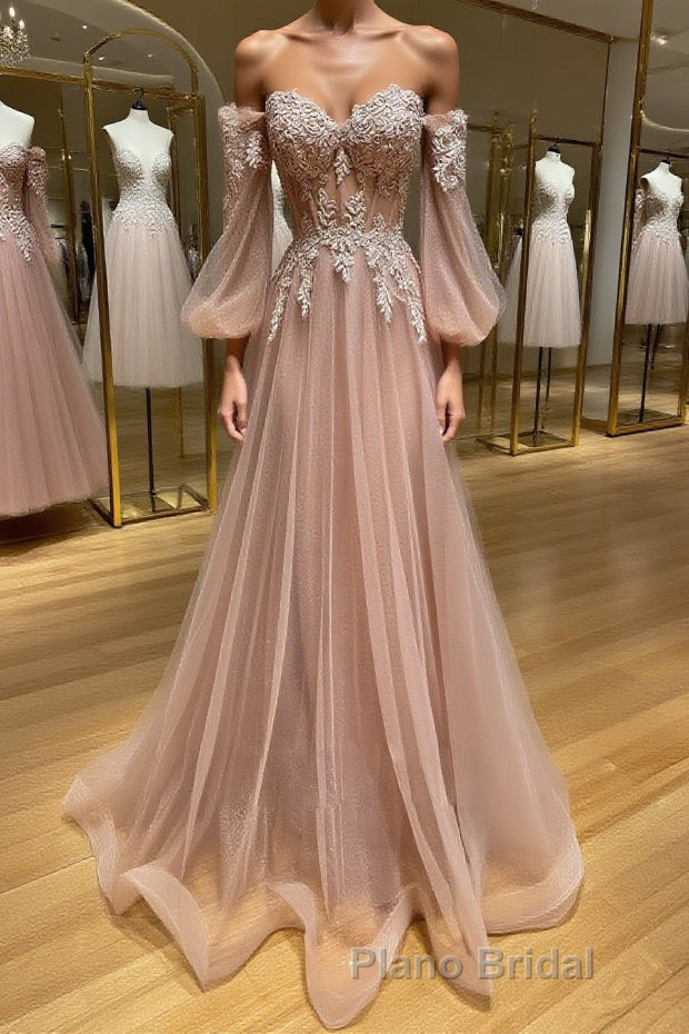 Champagne sweetheart neck tulle lace long Formal Prom dress, lace evening dress Main image