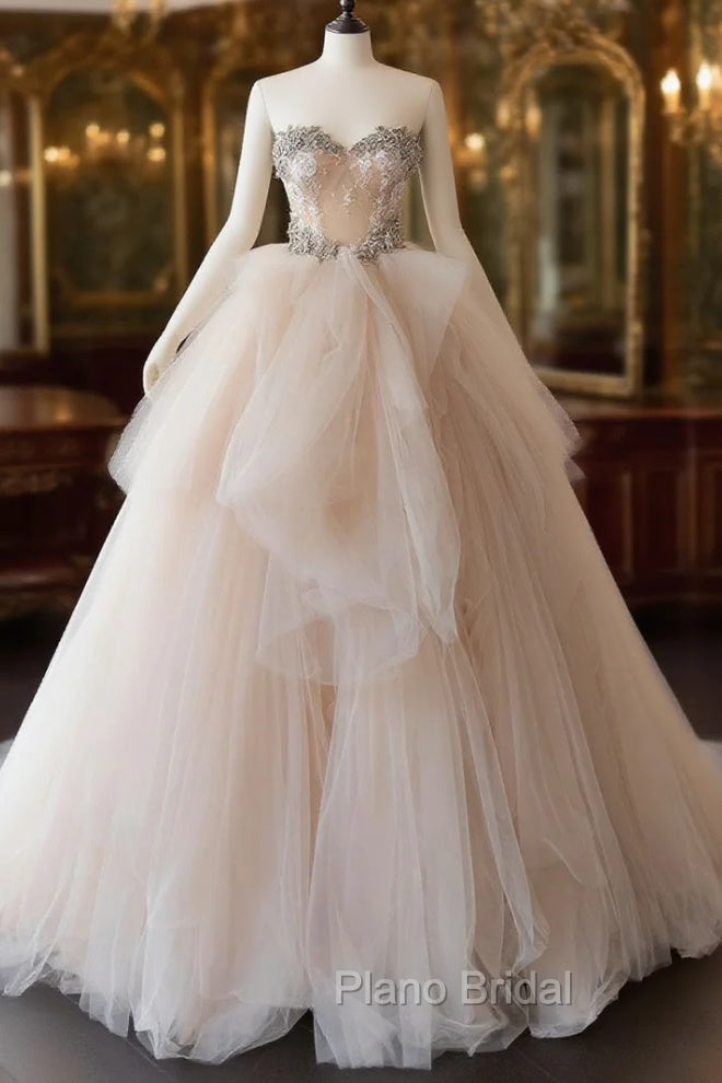 Champagne Sweetheart Neck Tulle Lace Long Tulle Wedding Dresses Main image