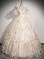 Champagne Sweetheart Neck Tulle Long Formal Prom Dresses, Champagne Formal Dresses