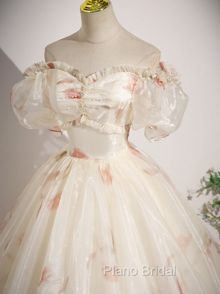 Champagne Sweetheart Neck Tulle Long Formal Prom Dresses, Champagne Formal Dresses