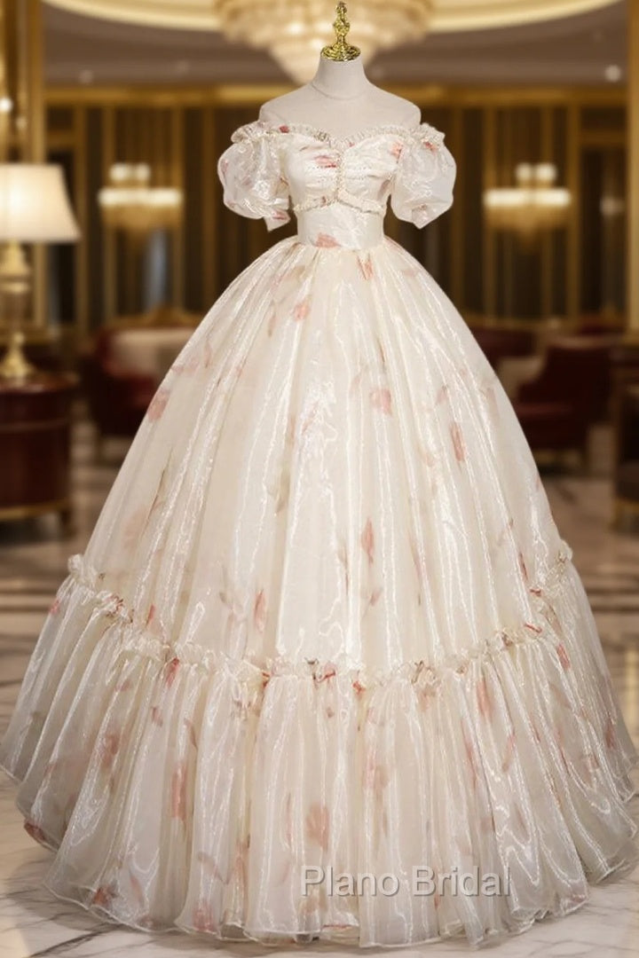 Champagne Sweetheart Neck Tulle Long Formal Prom Dresses, Champagne Formal Dresses Main image