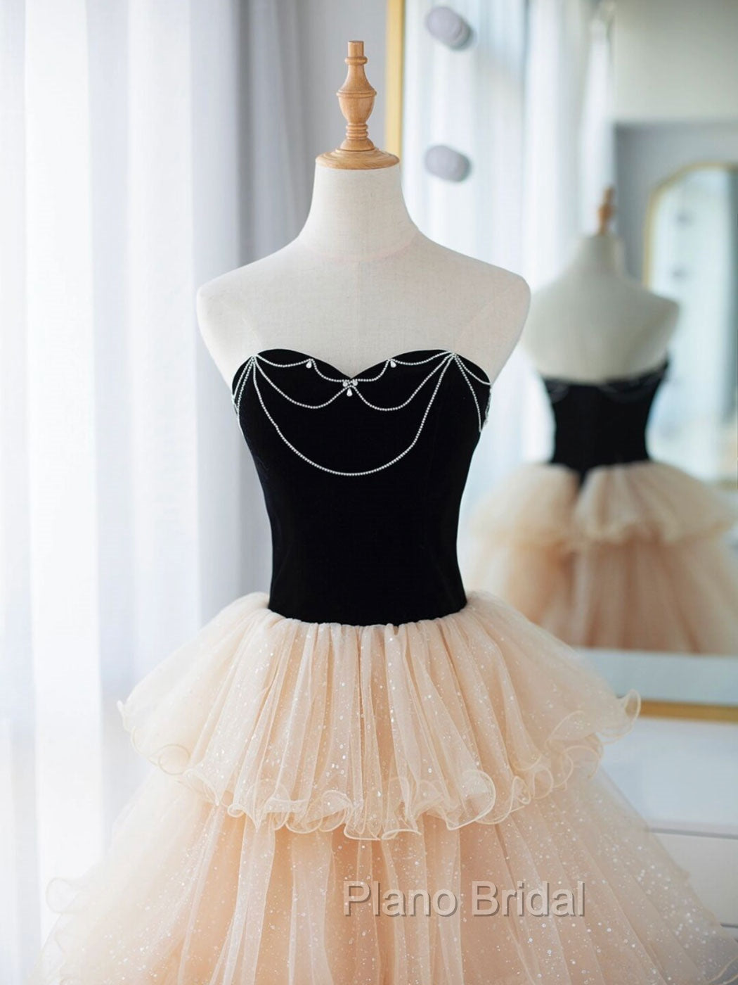 Champagne Sweetheart Neck Tulle Long Formal Prom Dresses, Champagne Formal Dresses Secondary image