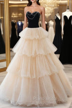 Champagne Sweetheart Neck Tulle Long Formal Prom Dresses, Champagne Formal Dresses