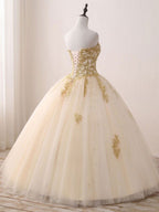 Champagne Sweetheart Neck Tulle Long Formal Prom Gown, Champagne Sweet 16 Dresses