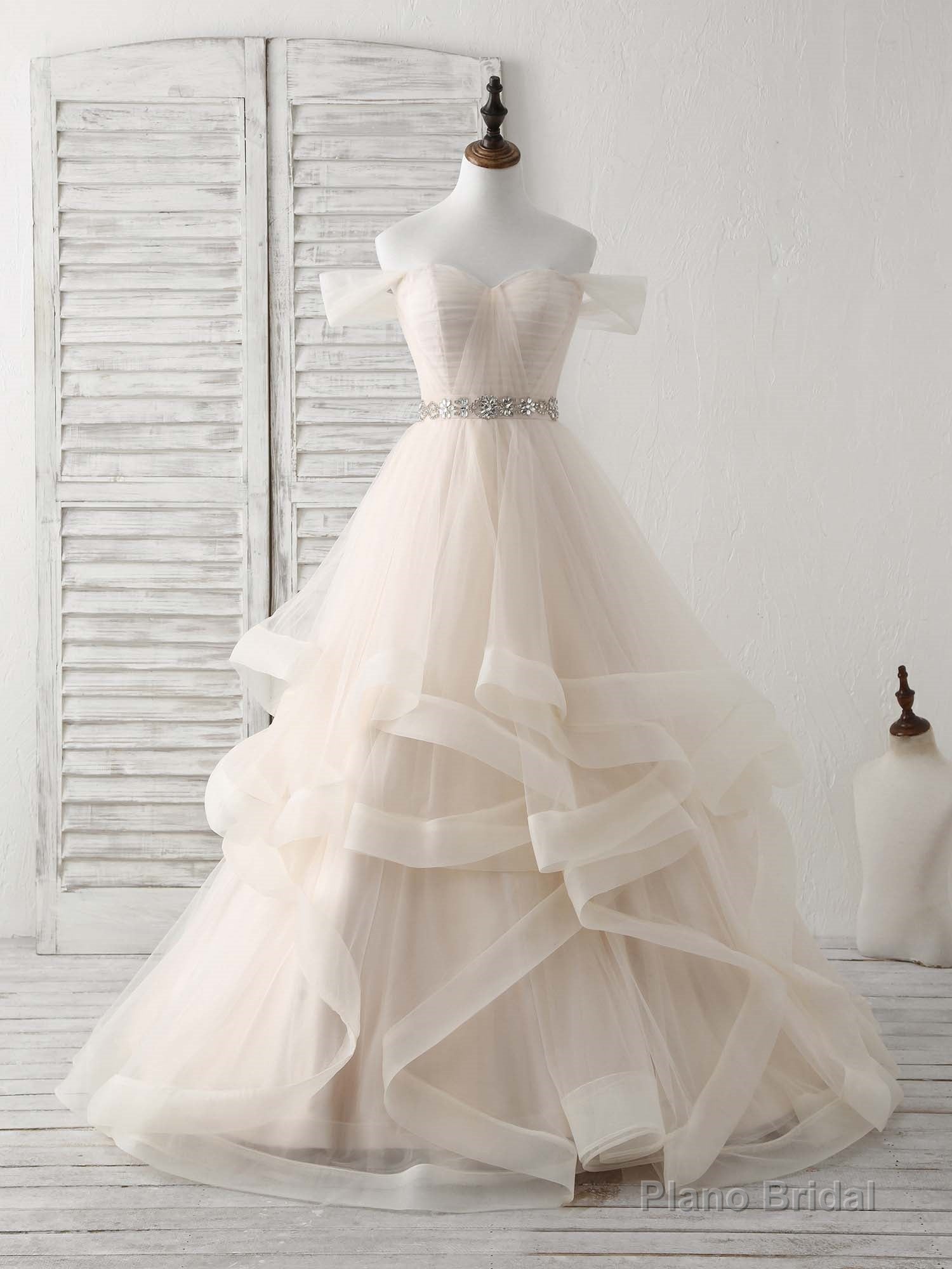 Champagne Sweetheart Off Shoulder Tulle Long Prom Dresses Secondary image