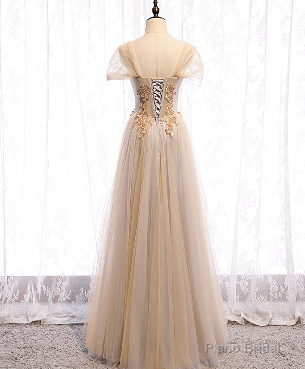 Champagne Sweetheart Tulle Lace Long Prom Dress Champagne Formal Dress