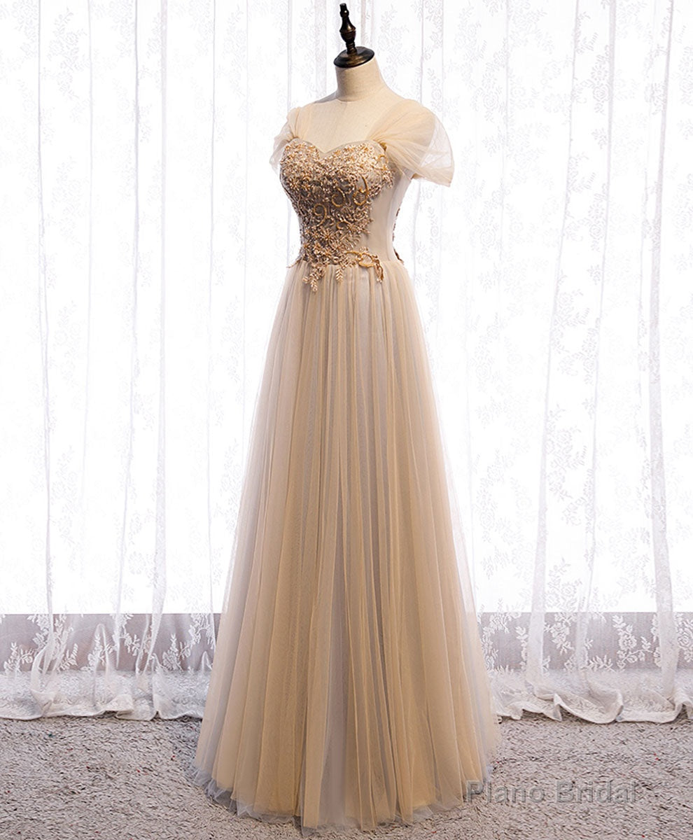 Champagne Sweetheart Tulle Lace Long Prom Dress Champagne Formal Dress Main image
