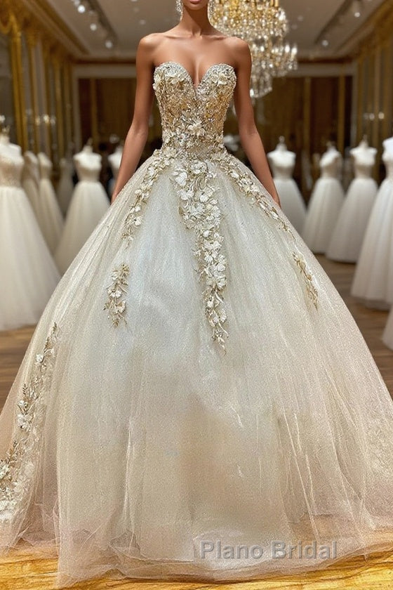 Champagne sweetheart tulle lace long Formal Prom gown, tulle formal gown Main image