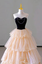 Champagne Sweetheart Tulle Layers Long Party Dresses, Strapless A-Line Formal Prom Dresses