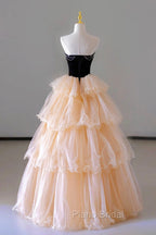 Champagne Sweetheart Tulle Layers Long Party Dresses, Strapless A-Line Formal Prom Dresses