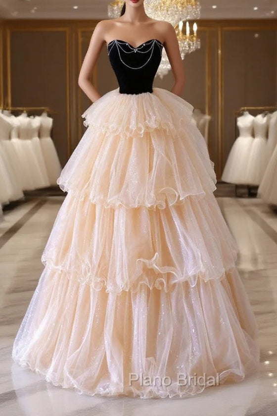 Champagne Sweetheart Tulle Layers Long Party Dresses, Strapless A-Line Formal Prom Dresses Main image