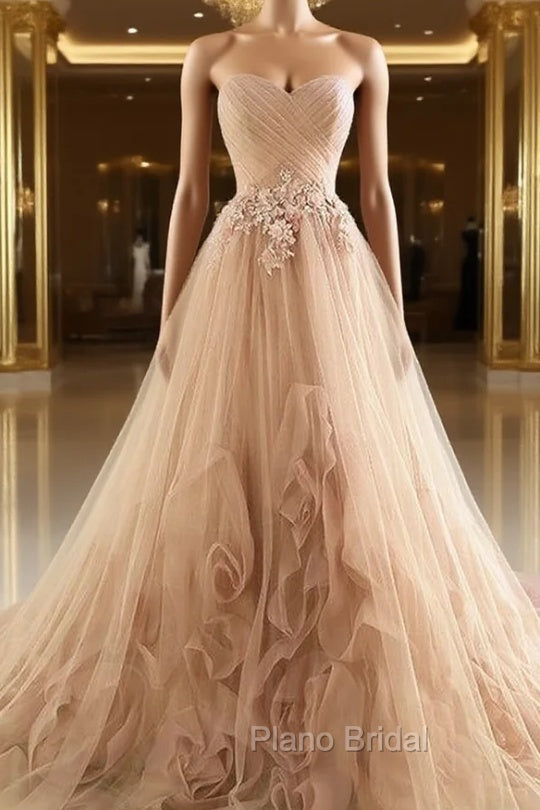 Champagne Sweetheart Tulle Pleats Appliques Wedding Dresses