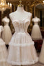 Champagne Tille Spaghetti Straps Pearls Homecoming Dresses