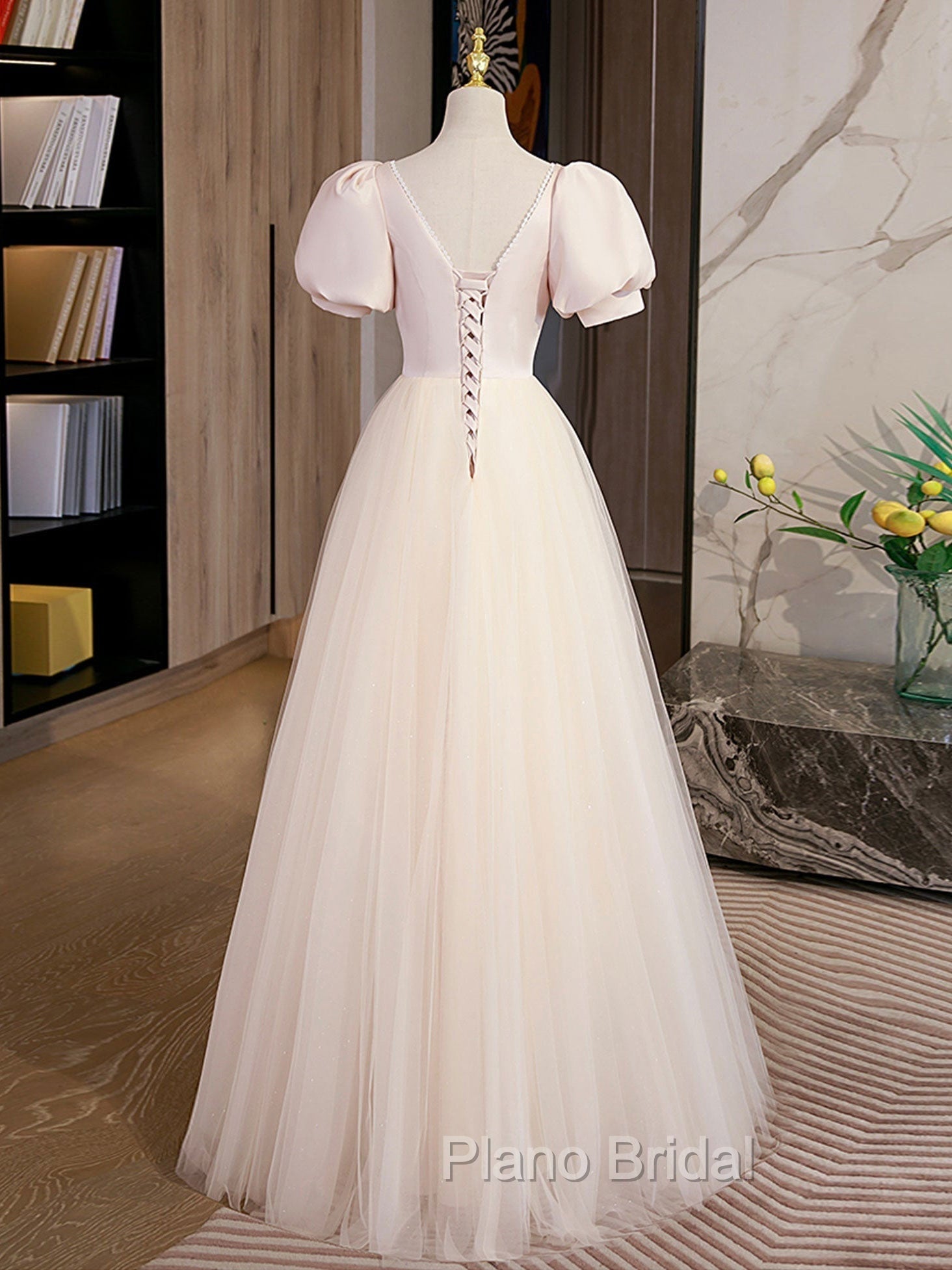 Champagne Tulle A Line Long Formal Prom Dresses, Champagne Formal Graduation Dresses