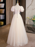 Champagne Tulle A Line Long Formal Prom Dresses, Champagne Formal Graduation Dresses
