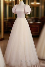 Champagne Tulle A Line Long Formal Prom Dresses, Champagne Formal Graduation Dresses